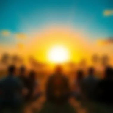 Sunrise with Open Invitation A beautiful sunrise with a group of people sharing uplifting thoughts and experiences in a warm, inviting atmosphere