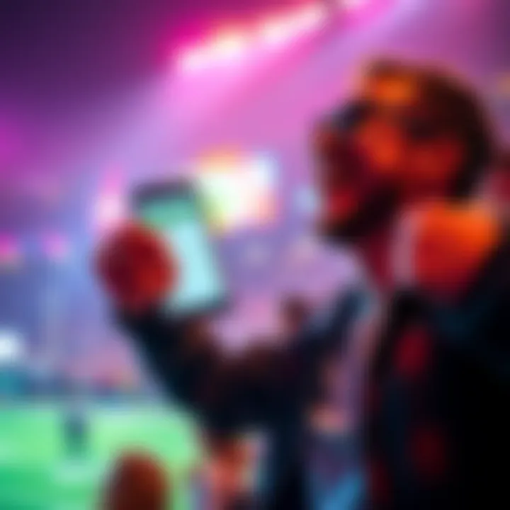 A fan celebrating while holding a smartphone showing a betting app with Super Bowl odds