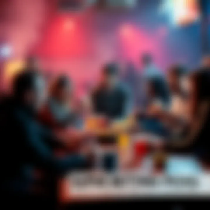 A group of people gathered around a table, placing bets on Super Bowl games with snacks and drinks