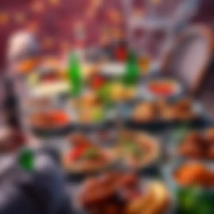 A table filled with festive food items like pizza, wings, and drinks, ready for a Super Bowl party