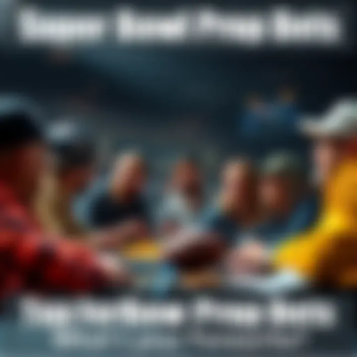 A group of people discussing Super Bowl prop bets, with football gear and snacks around them, creating a lively atmosphere.