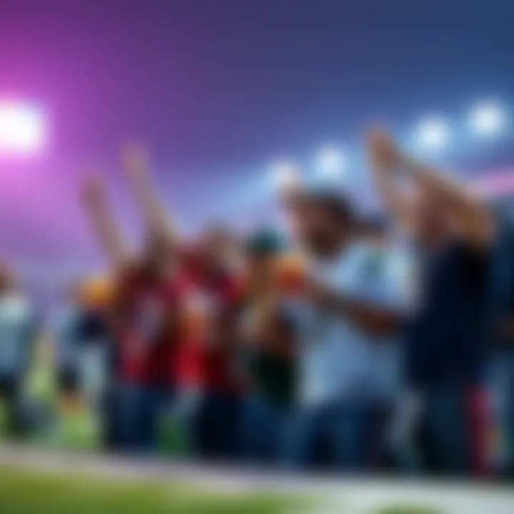 A group of fans celebrating a touchdown during the Super Bowl, holding drinks and wearing team jerseys.