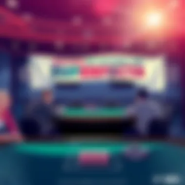 Illustration of a poker table with players placing bets and a banner promoting the Superfecta challenge for the Super Main Event.