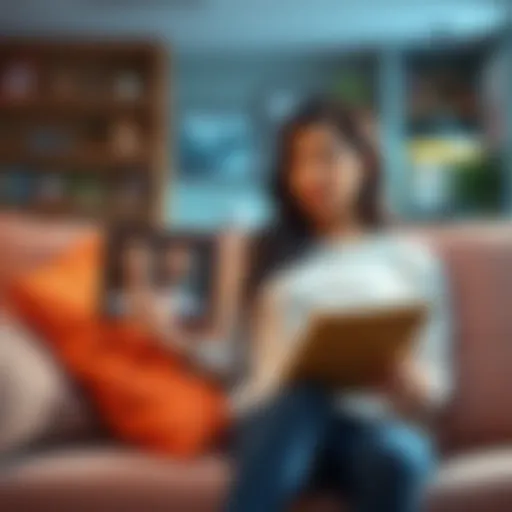 A woman sitting on a couch, looking thoughtfully at a picture of her boyfriend, showing emotions of concern and love while holding a support book in her lap.