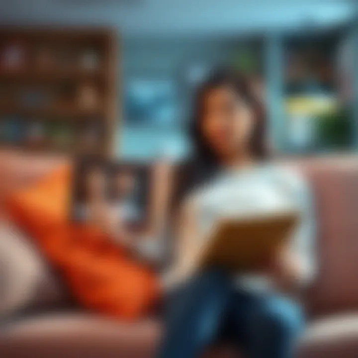 A woman sitting on a couch, looking thoughtfully at a picture of her boyfriend, showing emotions of concern and love while holding a support book in her lap.