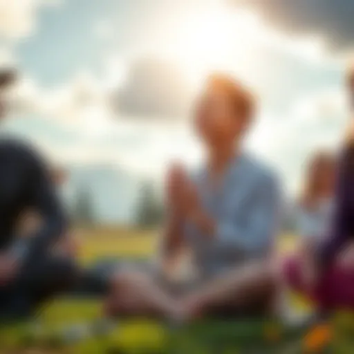 A person sitting in meditation with hands clasped, surrounded by supportive friends and nature, symbolizing healing and recovery from gambling addiction.