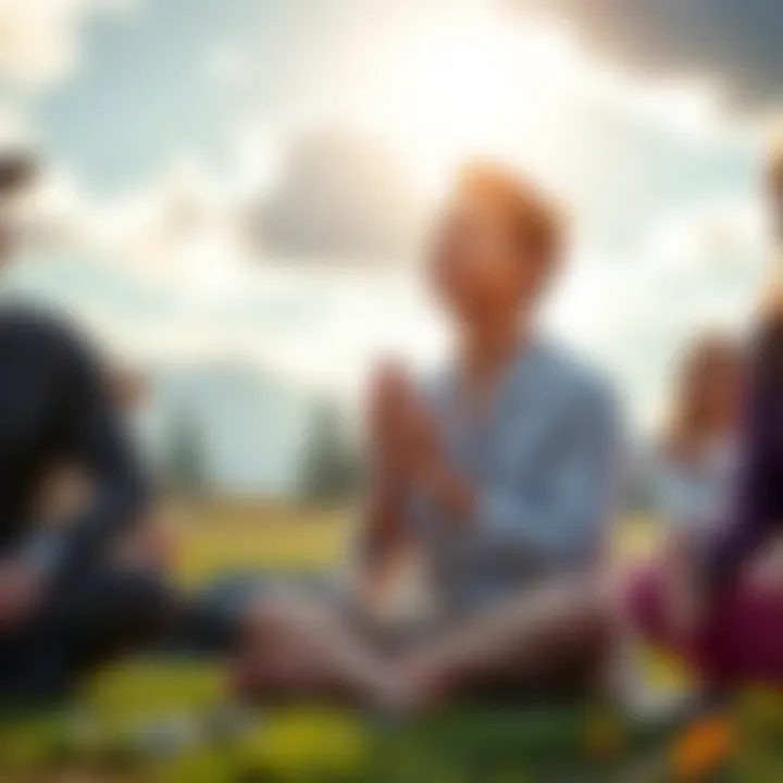 Support and Healing A person sitting in meditation with hands clasped, surrounded by supportive friends and nature, symbolizing healing and recovery from gambling addiction.