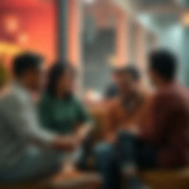 A group of friends sitting together, discussing how to help a friend overcome crypto gambling addiction.