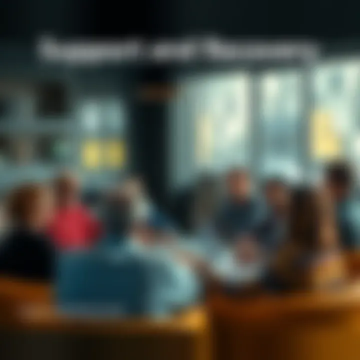 A support group session for individuals recovering from gambling addiction, showing people sharing their experiences and offering encouragement.
