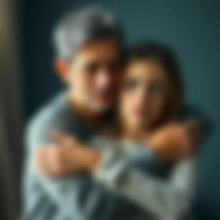 A person embracing a young adult who looks worried, symbolizing support during a difficult time with addiction issues in the family.