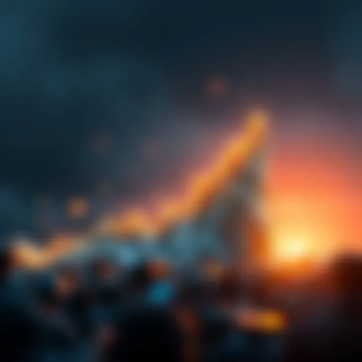 A graph showing a sharp increase in value from a low point to a high point, symbolizing growth and potential risks.