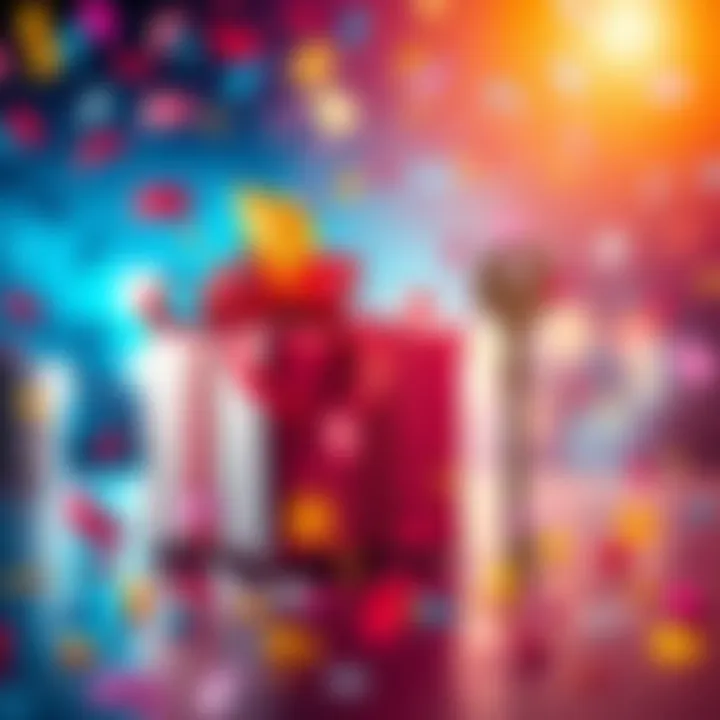 A vibrant and colorful graphic showing a wrapped gift with a key beside it, symbolizing an upcoming surprise event, with festive confetti in the background.