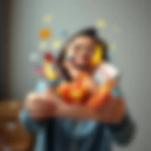 A joyful person holding an opened envelope with colorful items spilling out, showcasing unexpected mail treasures like a gift and a bill.