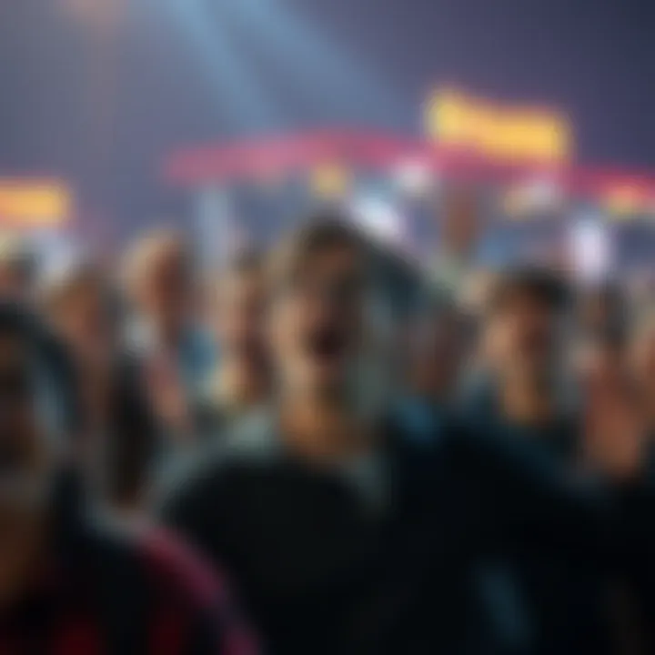 A crowd of people gasping in shock and excitement as unexpected events unfold in front of them, some laughing and others with wide eyes.