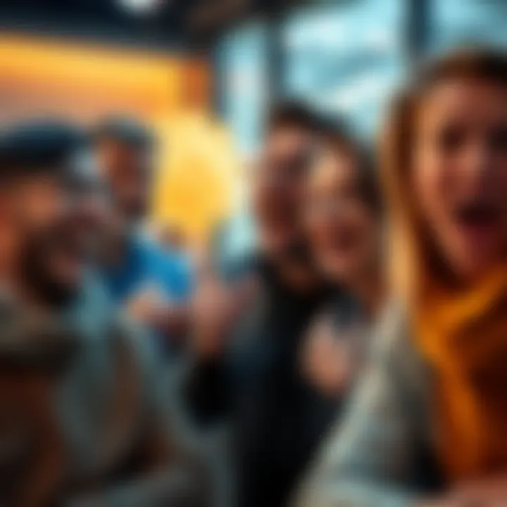 Group of people laughing and looking shocked at unexpected financial outcomes