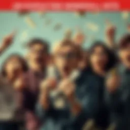 A group of people looking astonished as they hold cash in their hands, celebrating a sudden financial gain