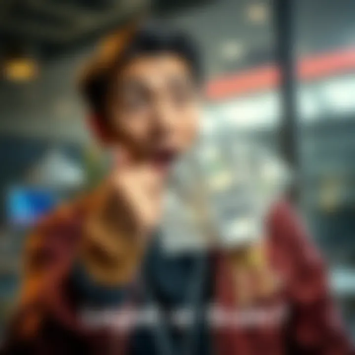 A surprised individual holding a stack of cash with a questioning expression.