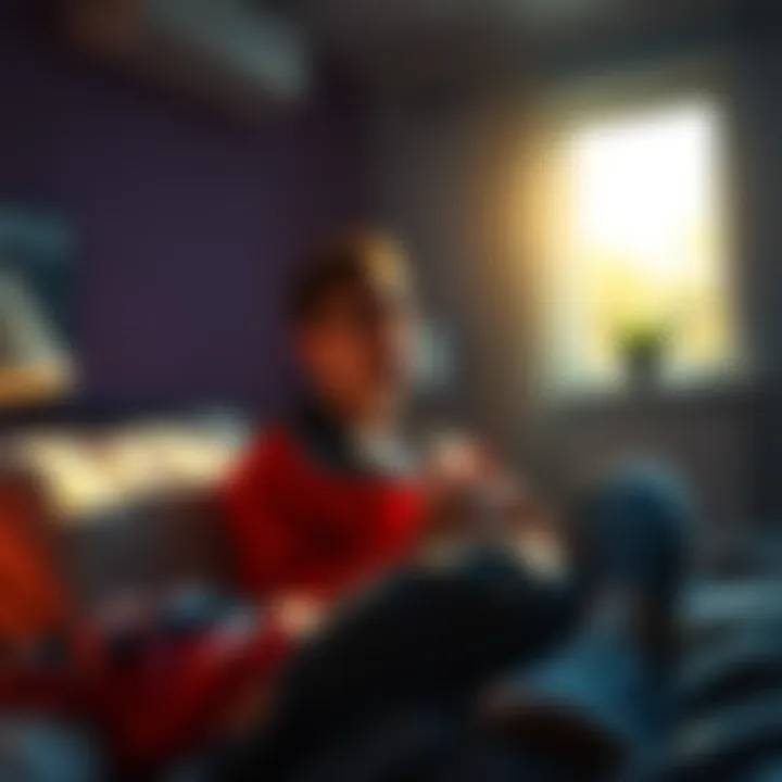 A person looking shocked while sitting up in bed, sunlight streaming through the window, with a messy room indicating a night of indulgence.