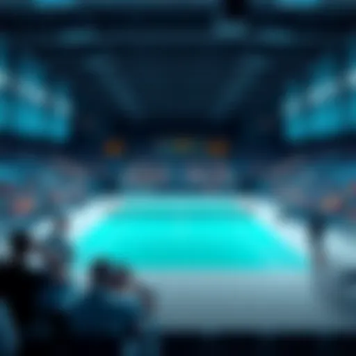 Tennis court with players waiting and a scoreboard showing suspended status
