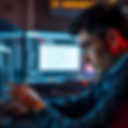 A person looking closely at a computer screen, analyzing a potentially fraudulent email with red flags highlighted