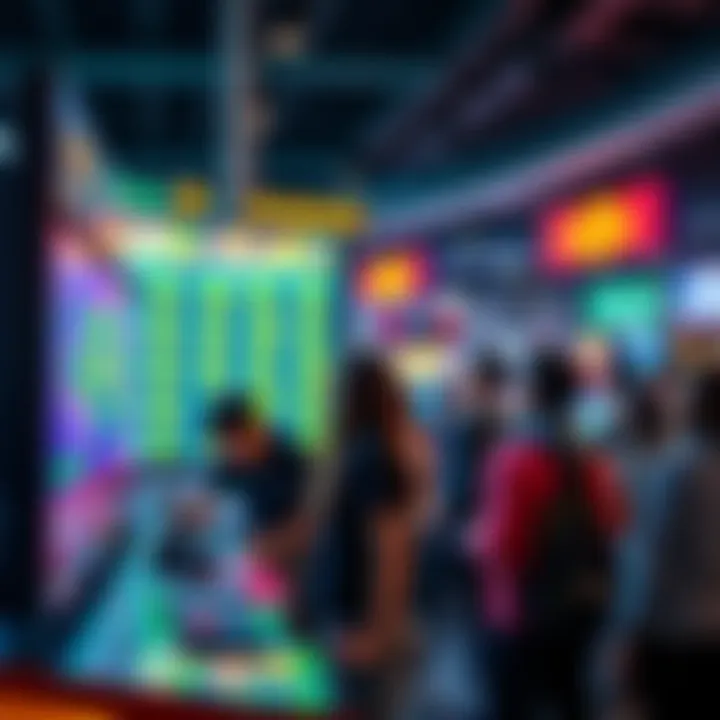 Group of people excitedly placing bets on the new Suzuki game with colorful graphics on a screen.