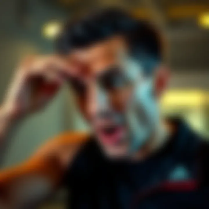 Individual wiping sweat from their forehead, expressing surprise and effort after a workout or intense moment