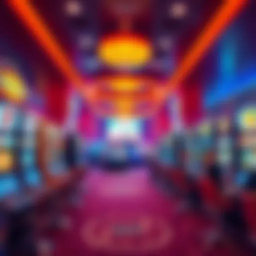 A bright and colorful interior of a sweepstakes casino in New York, showcasing gaming machines and excited players.