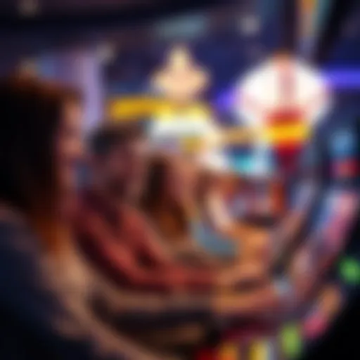 A group of people enjoying sweepstakes games with excitement and smiles in a bright casino setting