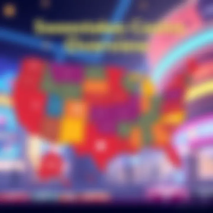 A simple illustration of various states in the U.S. with icons representing sweepstakes casinos and laws in 2026