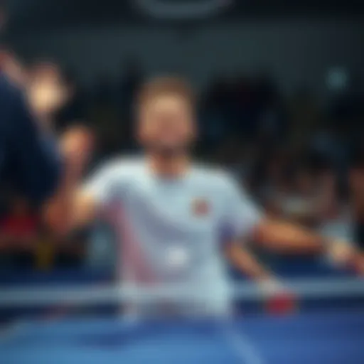 A table tennis player with a trophy, smiling and holding a paddle, while fans cheer in the background