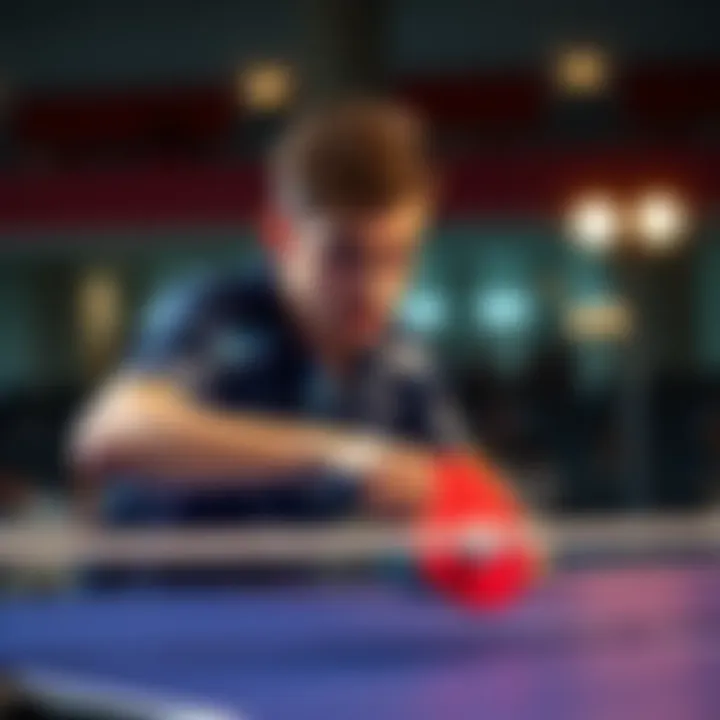 A focused table tennis player poised to hit the ball during a match, showcasing skill and concentration.