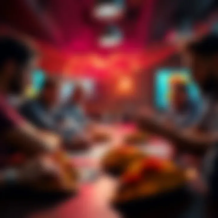 Group of people discussing taco bets with tacos and money on the table