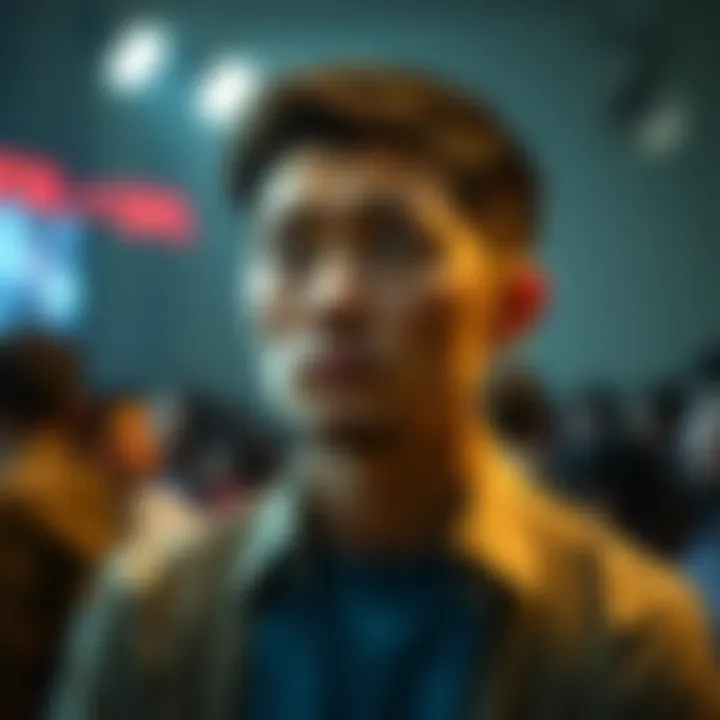Tai appearing concerned and anxious in a spotlight, with a blurred crowd in the background