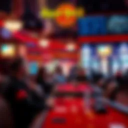 A lively casino scene at Tampa Hard Rock with players at a table discussing hop bets and checking table minimums.