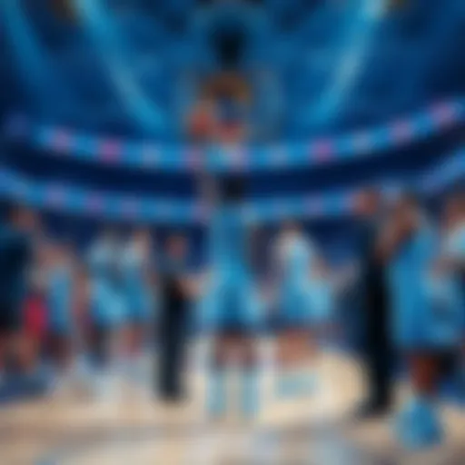 The Tar Heels basketball team in action during a game delay, with players on the court and fans eagerly waiting.