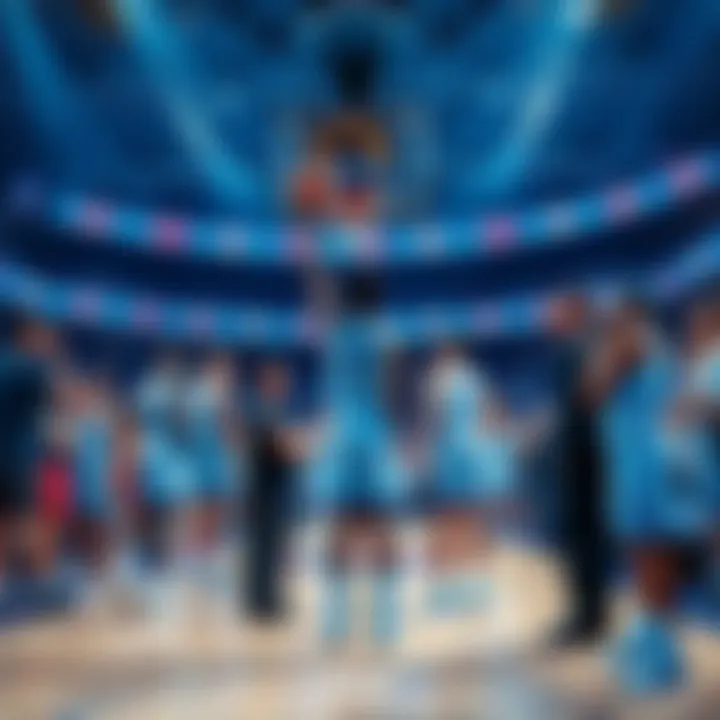 Tar Heels Basketball Team The Tar Heels basketball team in action during a game delay, with players on the court and fans eagerly waiting.