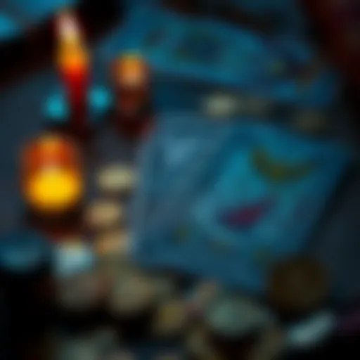 A tarot card spread with a focus on financial themes, surrounded by coins and a candle.