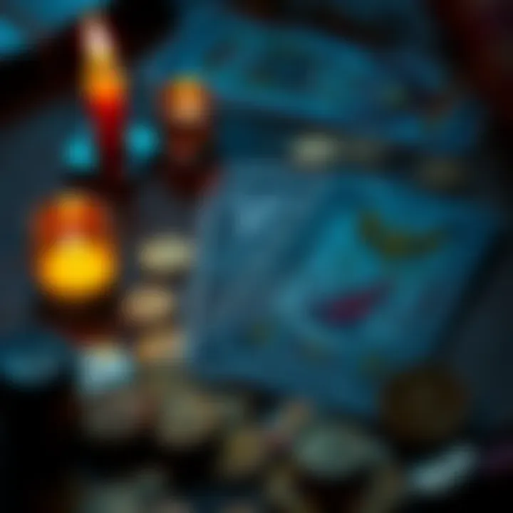 A tarot card spread with a focus on financial themes, surrounded by coins and a candle.