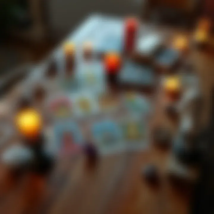 A colorful spread of various Tarot cards on a wooden table, surrounded by candles and crystals, highlighting their use in modern spirituality.