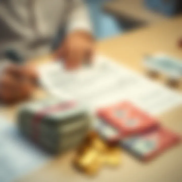 Tax Form and Winnings A person filling out a tax form with stacks of cash and lottery tickets on the table, symbolizing gambling winnings.
