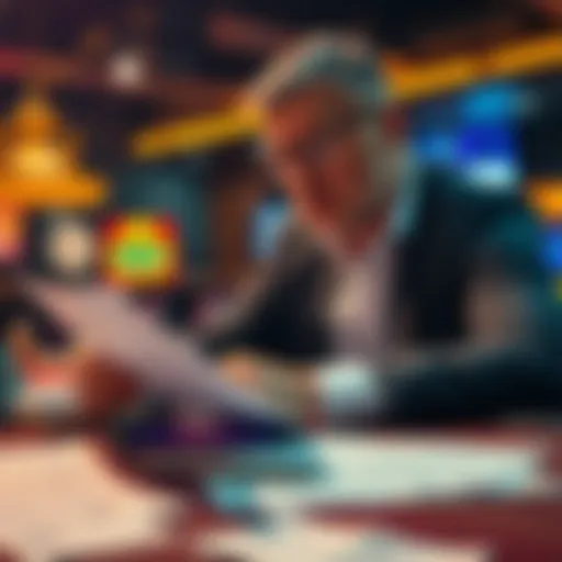 Person reviewing tax forms while looking at gambling winnings on a table with betting slips
