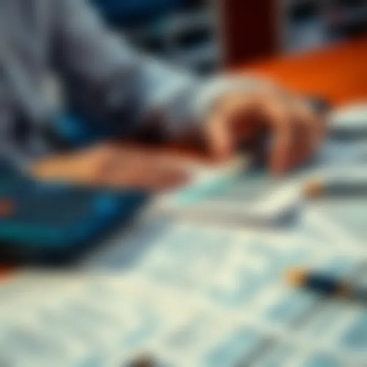 A person filling out tax forms related to sports betting earnings, with a calculator and betting slips on the table.