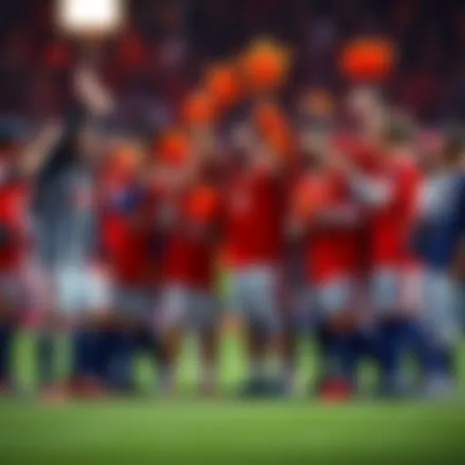 The team gathers on the field, celebrating their recent win with smiles and cheers, showing their excitement and teamwork.