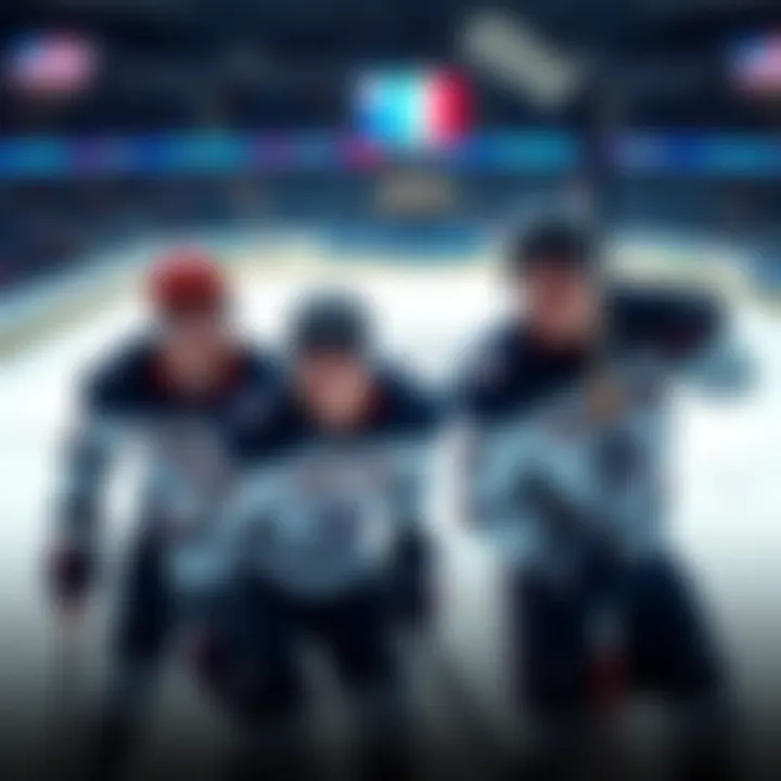 Team USA hockey players on the ice during a match, focused and determined to win, with Captain Auston Matthews leading the team