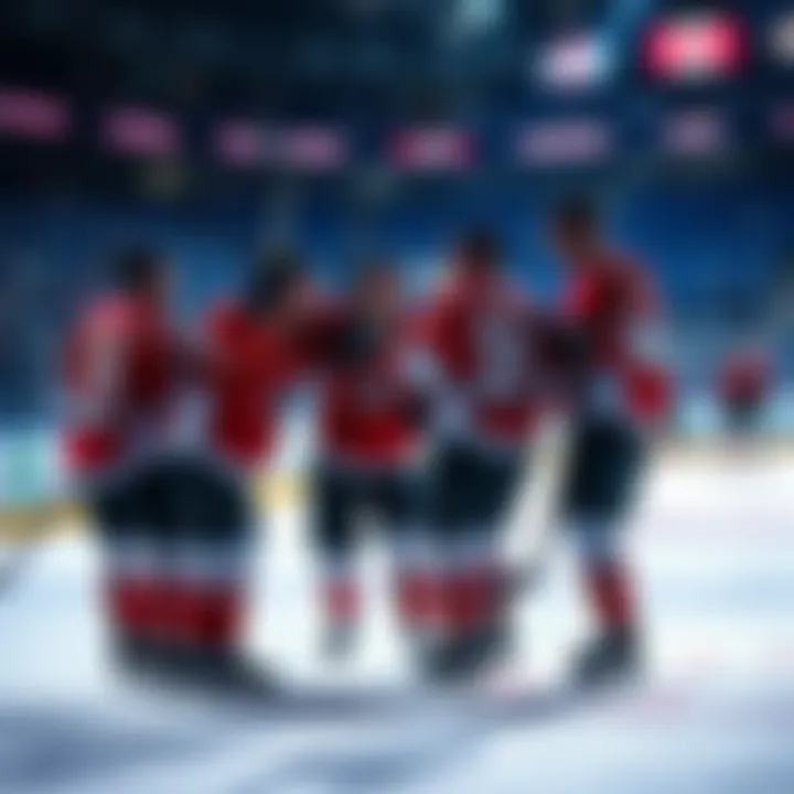 Players from Team Canada celebrating a goal during a hockey game against France
