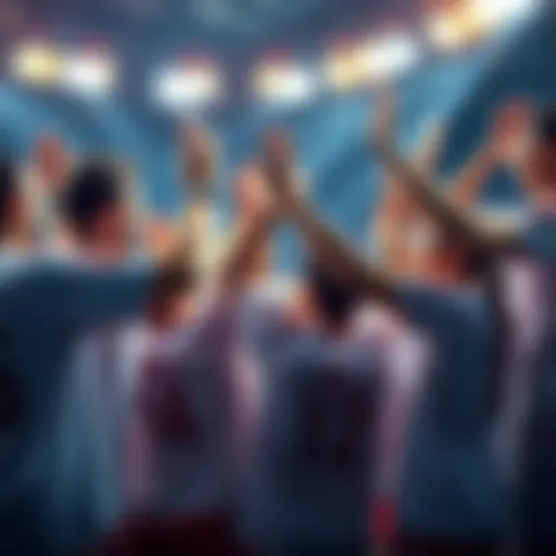 A sports team celebrating their back-to-back wins with cheers and high-fives in a vibrant atmosphere.