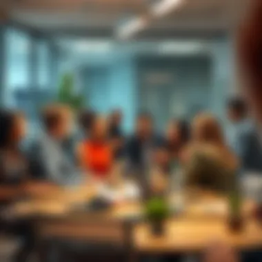 A diverse group of professionals collaborating during a team meeting in a bright office space, discussing tasks and celebrating achievements.