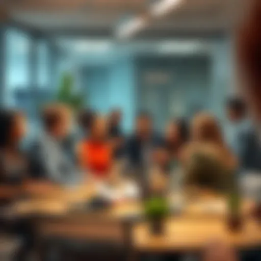 A diverse group of professionals collaborating during a team meeting in a bright office space, discussing tasks and celebrating achievements.