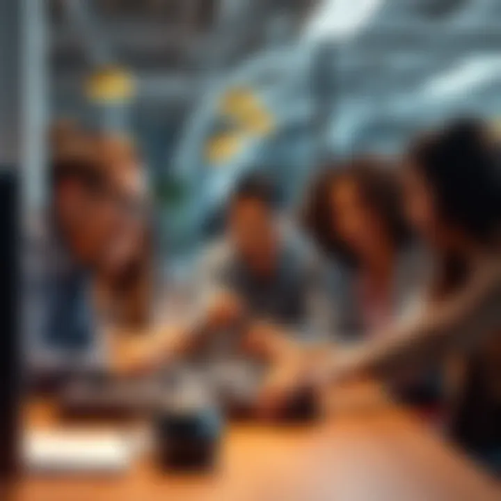 A group of coworkers enjoying a game together in an office setting, smiling and collaborating