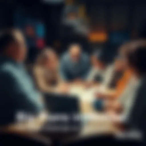 A diverse group of people discussing plans around a table with charts and a laptop, focusing on strategies for a new initiative.